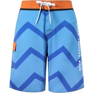 Knee-length swim shorts in blue with a zigzag pattern, featuring an orange waistband and side pocket. Includes a logo.