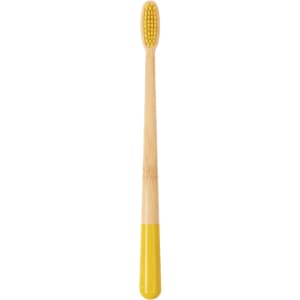 A large toothbrush with a conical handle, featuring a yellow grip and a bamboo body. It has a textured bristle head.