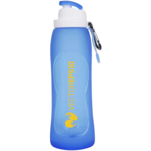 A blue collapsible silicone drink bottle with a carabiner and a logo on the side.