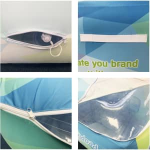 An inflatable one-seat sofa featuring a transparent pocket and a zip closure in shades of blue and green.