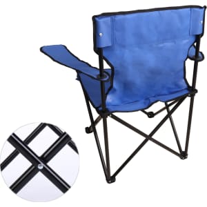 A blue foldable camping chair with a black frame, featuring a close-up of the cross-braced leg design.