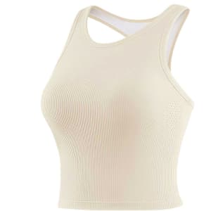 A seamless cream wide-strap racerback yoga bra tank with a textured design and a logo.