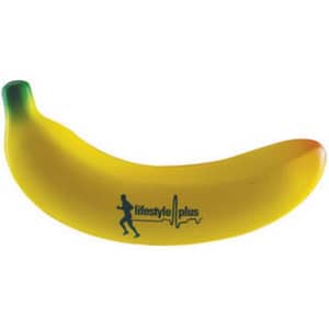 A yellow banana-shaped stress reliever with a green tip, featuring a logo on its side.