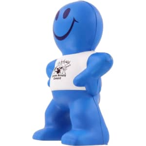 A blue, smiling stress reliever in the shape of a person, wearing a white shirt with a logo.