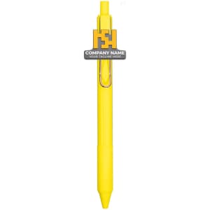 A yellow custom PVC pen with a clip and a logo on it.