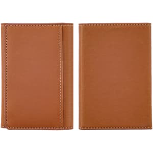 A PU magnetic wallet in a rich brown colour, featuring a simple design with visible stitching. It has a logo on one side.