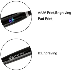 A black metal pen with a logo, featuring options for UV printing and engraving.