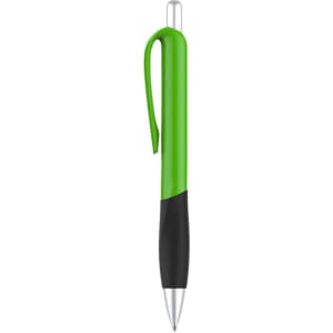 A plastic pen with a green barrel and black grip. The pen features a clip and has a logo.