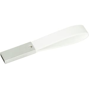 A leather strap flash drive with a silver metal casing and a white leather strap.