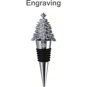 A wine stopper featuring a silver Christmas tree design atop a metallic base with a black rubber ring.