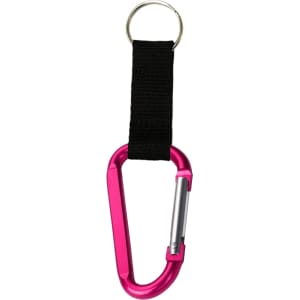 A pink carabiner keychain with a black fabric strap and a metal keyring attached. It features a logo.