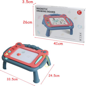 A magnetic drawing board with a stand in red and blue, featuring a drawing surface and various shapes. Includes packaging.