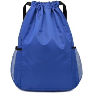 A blue drawstring backpack with mesh side pockets and adjustable straps, featuring a small logo.