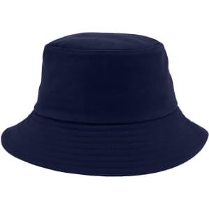 A navy blue custom cotton bucket hat with a simple design and a logo on the side.