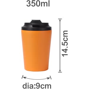An orange 350ML powder-coated stainless steel coffee mug with a black lid, featuring a logo.