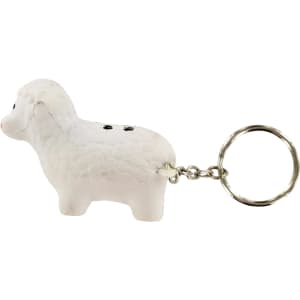A white sheep stress reliever keyring featuring a textured design and attached metal keychain.