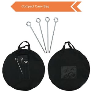 A compact carry bag in black with metal pegs for securing. Features a handle and multiple pockets for storage.