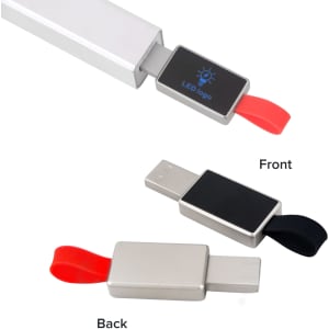 A silver flash drive with a red and black pull tab, featuring a logo on one side.
