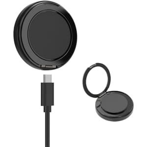 A black magnetic wireless charge stand with a USB cable, compact and circular in shape. Contains a logo.