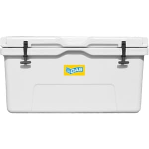 A white 85L cooler box with black clips and a branding logo on the front.