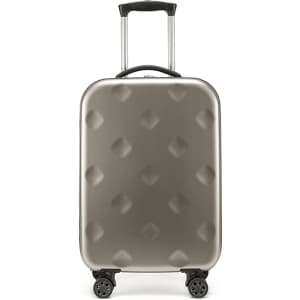 A collapsible suitcase in grey with a textured surface, featuring a retractable handle and four wheels.