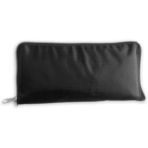 A black foldable tote bag, zipped for storage, featuring a simple design and a logo.
