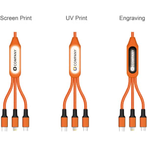 An orange 6-in-1 night light charging cable with multiple connectors, featuring options for screen print, UV print, and engraving.