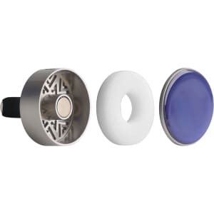 A metallic car clip air freshener in silver and blue, featuring black, white, and a round air freshener insert.