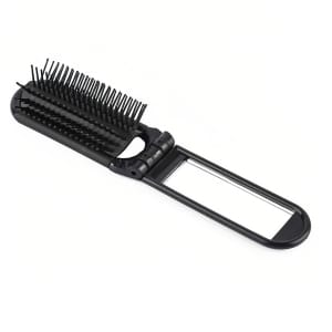A folding hair brush in black with an integrated mirror. It features fine bristles and a compact design.