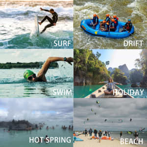 A vibrant collage featuring activities: surfing, white-water rafting, swimming, holidaying, hot springs, and beach scenes.