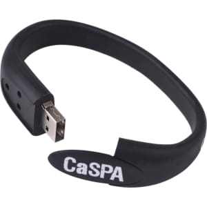 A black oval silicone wristband with a USB flash drive connector and a logo.