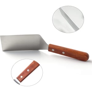 A stainless steel turner with a wooden handle and two rivets, featuring a flat blade design.