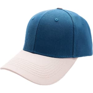 A blue and beige 6-panel adjustable baseball cap featuring a curved brim and a logo on the front.