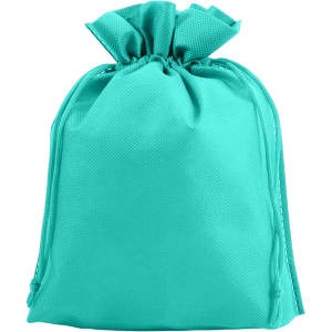 A turquoise non-woven drawstring bag with a gathered top and a logo.