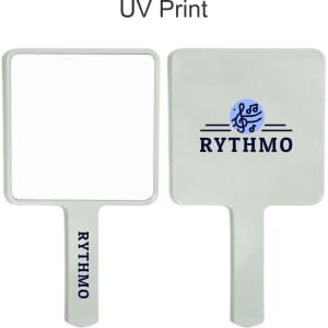 A handheld square mirror in white with a square reflective surface and a handle, featuring a logo.