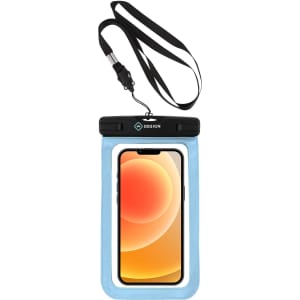 A waterproof phone bag in light blue, featuring a clear front and black accents, includes an adjustable strap.