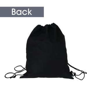 A black reflective drawstring bag featuring adjustable cords and a simple design. Includes a logo.