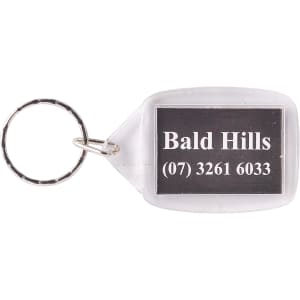 A rectangular acrylic keyring in clear colour featuring a silver keyring attachment.