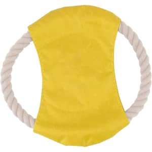 A yellow rope frisbee dog toy featuring a soft fabric centre and sturdy rope edges.