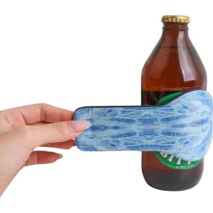 A drink bottle with a custom shape slap stubby holder, featuring a blue design and wrapped around the bottle.