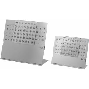 A silver aluminium desk calendar with two sizes, featuring a monthly layout and a stand. It has a logo on the front.