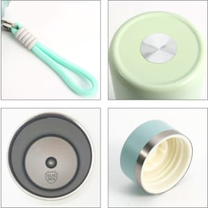 A drink bottle in mint green with a slim design, featuring a stainless steel base and a removable lid.