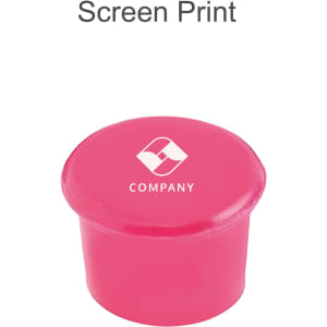 A pink silicone wine stopper with a round top, featuring a logo.