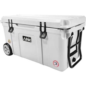 A white 75L cooler box with wheels and a sturdy handle, featuring a logo on the side.