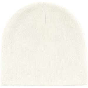 A white beanie with a simple design, featuring a soft texture and no visible branding.
