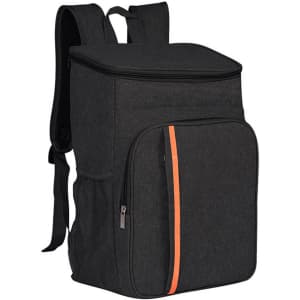 A large capacity cooler backpack in black with an orange stripe and mesh side pockets, features a top zip closure.