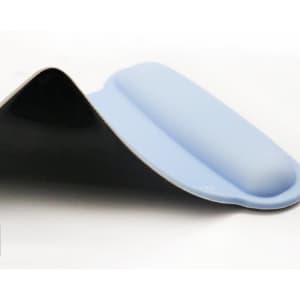A black and pale blue gel mouse pad with a raised section for wrist support and a smooth surface.