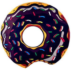 A custom-shaped beach towel in the design of a colourful doughnut, featuring sprinkles and a hole in the centre.