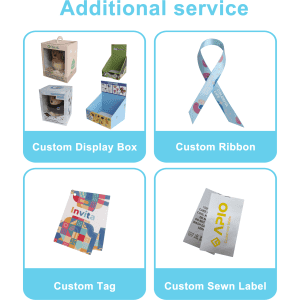 A collection of custom packaging options including display boxes, ribbons, tags, and sewn labels in various colours.