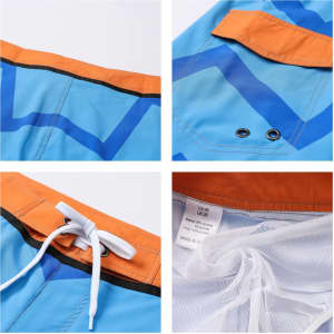 Men's knee-length swim shorts in blue and orange with a geometric pattern, featuring a logo and mesh lining.